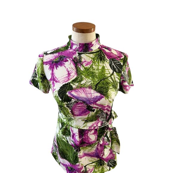 Vintage 60s Short Sleeve Belted Peplum Top Hawaiian Hibiscus Print - Picture 2 of 7